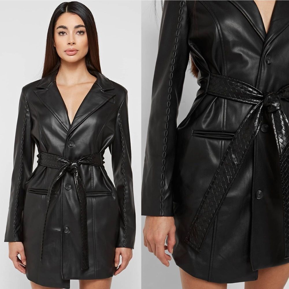 Maniere De Voir Vegan Leather Belted Blazer Dress in Black 16